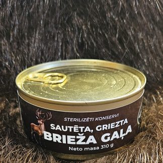 Sautētas, grieztas brieža gaļas konservs
