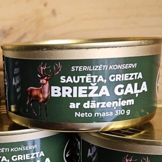 Sautētas, grieztas brieža gaļas konservs ar dārzeņiem
