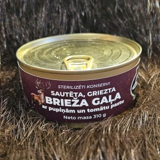 Sautētas, grieztas brieža gaļas konservs ar pupiņām un tomātu pastu