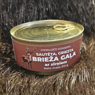 Sautētas, grieztas brieža gaļas konservs ar zirņiem